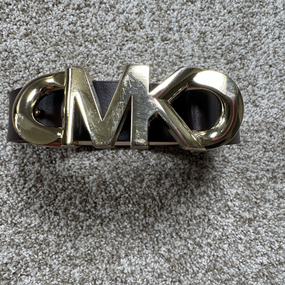 MK Michael Kors Size L Brown Leather Gold Hardware Womens Fashion Belt MK Logo